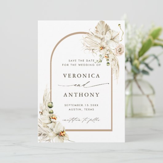 Boho Pampas Grass Orchid Floral Wedding Foto Save The Date (Stehend Vorderseite)