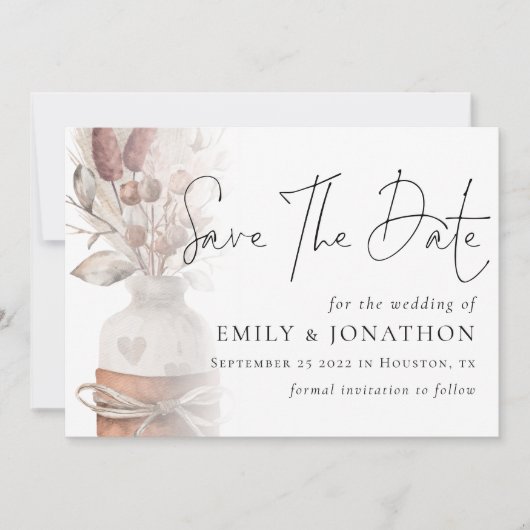 Boho Pampas Grass Overlay QR Code Hochzeit Save The Date (Vorderseite)