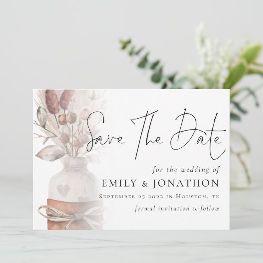 Boho Pampas Grass Overlay QR Code Hochzeit Save The Date (Stehend Vorderseite)