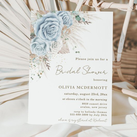 Boho Pampas Grass Pastel Blue Floral Brautparty Einladung