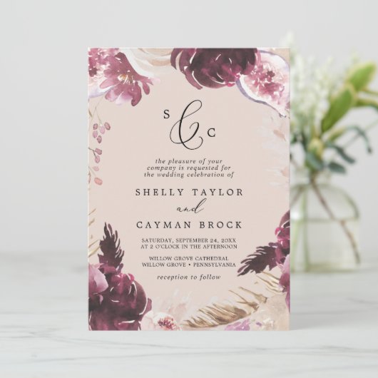 Boho Pampas Grass | Peach formale Monogram Wedding Einladung (Stehend Vorderseite)