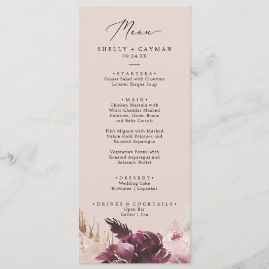 Boho Pampas Grass | Peach Wedding Dinner Menu Menükarte (Vorderseite)