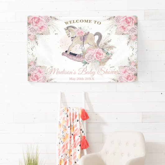Boho Pampas Grass Pink Rocking Horse Baby Banner (Insitu)
