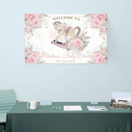 Boho Pampas Grass Pink Rocking Horse Baby Banner (Messeveranstaltung)
