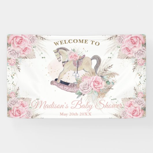 Boho Pampas Grass Pink Rocking Horse Baby Banner (Horizontal)