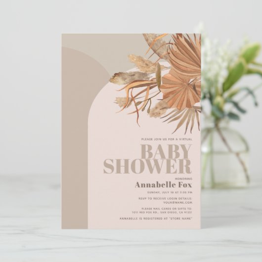 Boho Pampas Grass Pink Virtual Baby Dusche Einladung (Stehend Vorderseite)