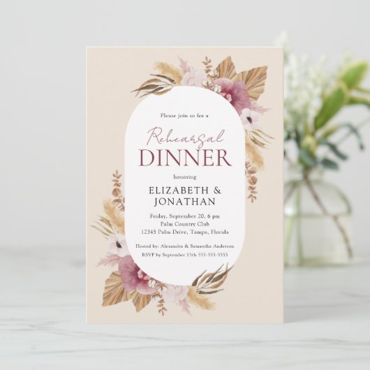 Boho Pampas Grass Probe Dinner Einladung (Stehend Vorderseite)