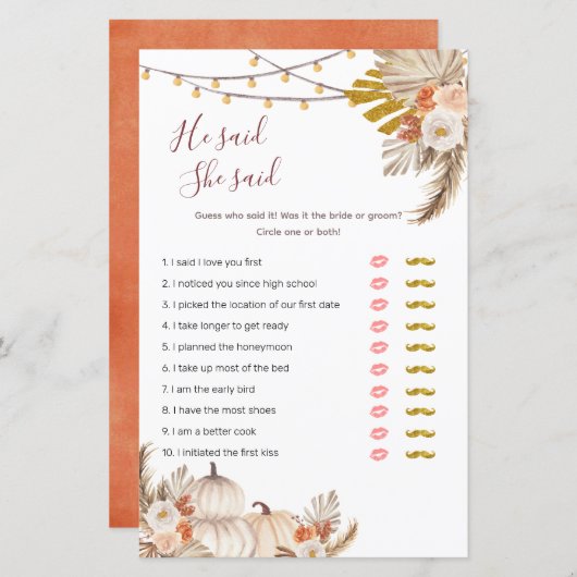 Boho Pampas Grass Pumpkin Er sagte, sie sagte: "Ga (Vorne/Hinten)