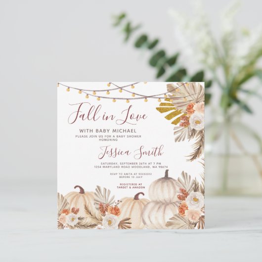 Boho Pampas Grass Pumpkin Fall in Liebe Baby Dusch Einladung (Stehend Vorderseite)