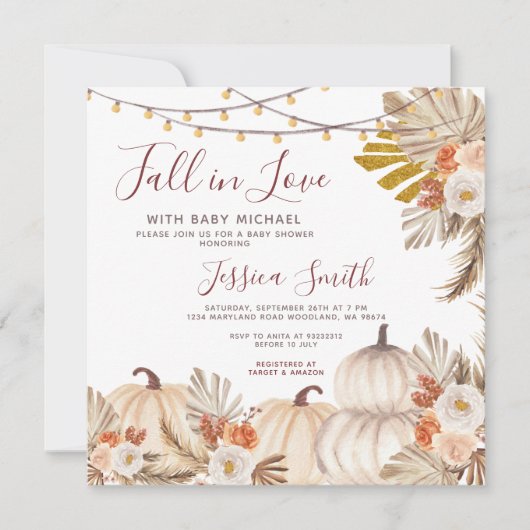 Boho Pampas Grass Pumpkin Fall in Liebe Baby Dusch Einladung (Vorderseite)