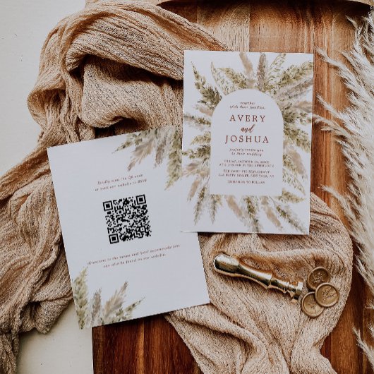 Boho Pampas Grass Qr Code in einer Hochzeit Einladung
