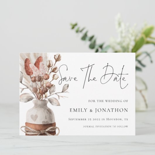 Boho Pampas Grass QR Code Wedding Save The Date (Stehend Vorderseite)