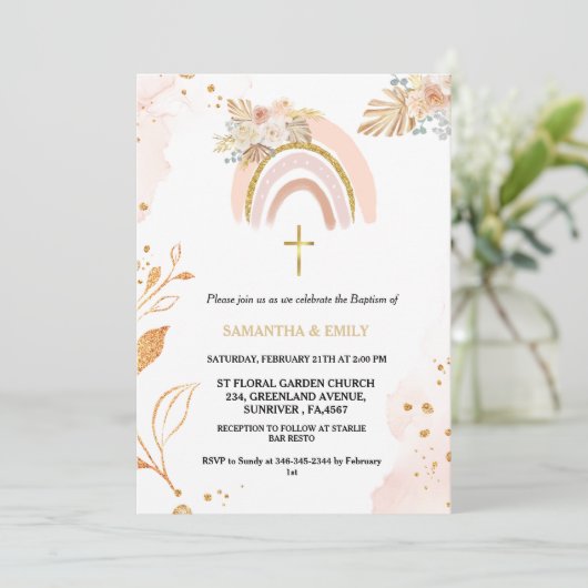 Boho Pampas Grass Rainbow Girl BAptism Christening Einladung (Stehend Vorderseite)