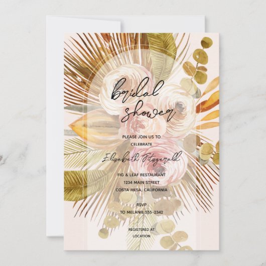 Boho Pampas Grass Rose Brautparty Einladung (Vorderseite)