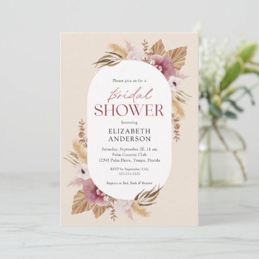 Boho Pampas Grass Rose Gold Einladung (Stehend Vorderseite)