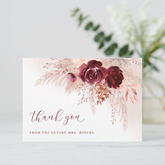 Boho Pampas Grass Rose Hochzeit Brautparty Dankeskarte (Stehend Vorderseite)