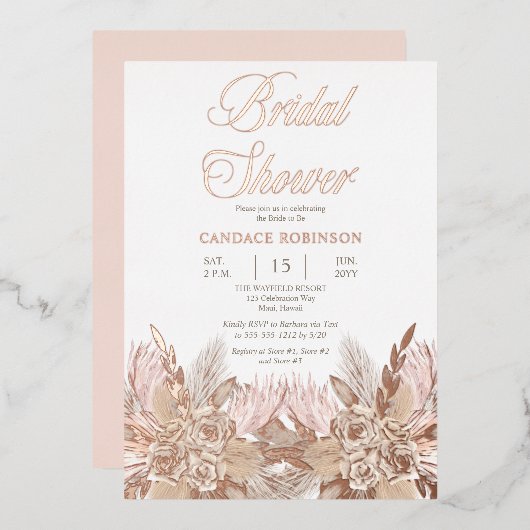 Boho Pampas Grass | Rose Rosa Brautparty Folieneinladung (Vorderseite/Rückseite)
