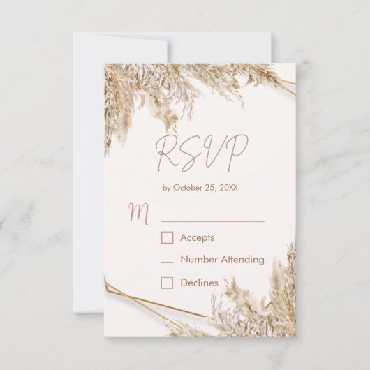 Boho Pampas Grass RSVP Card | Neutralbeigenrot Karte (Vorderseite)