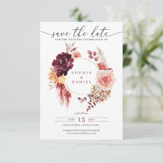 Boho Pampas Grass Rustikale Floral Save the Date Einladung (Stehend Vorderseite)