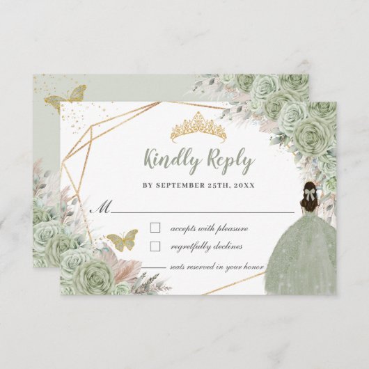 Boho Pampas Grass Sage Green Floral Quinceañera RSVP Karte (Vorne/Hinten)