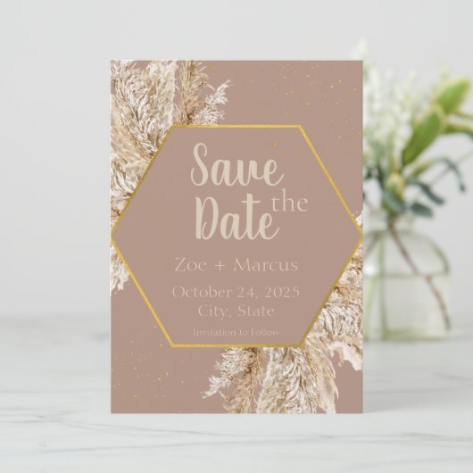 Boho Pampas Grass Save the Date - Beige/Blush (Stehend Vorderseite)