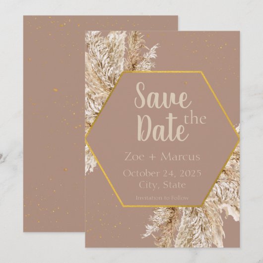 Boho Pampas Grass Save the Date - Beige/Blush (Vorne/Hinten)