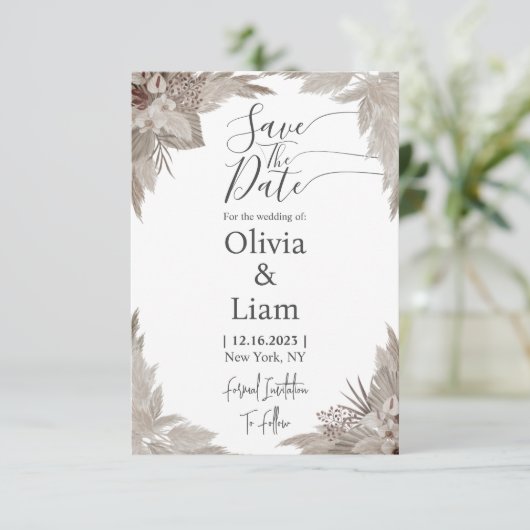 Boho Pampas Grass Save the Date Hochzeit (Stehend Vorderseite)