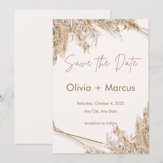 Boho Pampas Grass Save the Date | Neutral Beige Einladung (Vorne/Hinten)