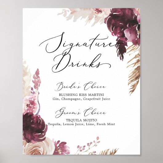Boho Pampas Grass Signature Drinks unterzeichnen Poster (Vorne)