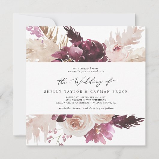 Boho Pampas Grass Square Einladung zur Hochzeit (Vorderseite)