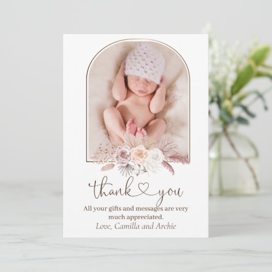 Boho Pampas Grass Taufe Dankeskarte (Stehend Vorderseite)