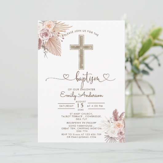 Boho Pampas Grass Taufe Einladung (Stehend Vorderseite)