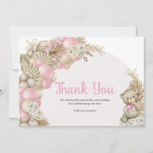Boho Pampas Grass Teddy Bear Baby Shower Dankeskarte (Vorderseite)