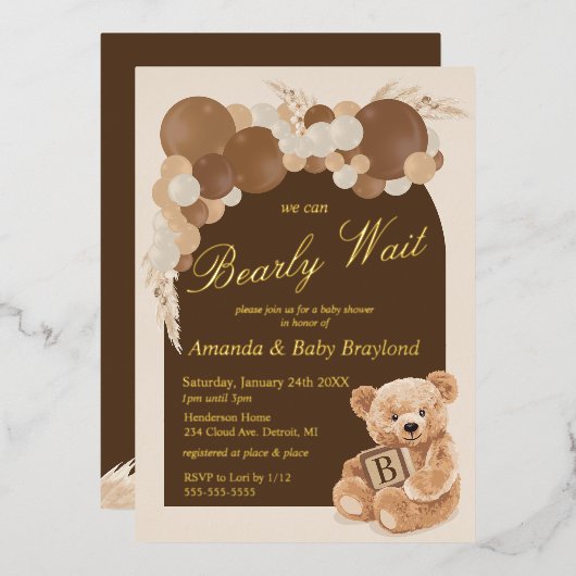 Boho Pampas Grass Teddy Bear Baby Shower Folieneinladung (Vorderseite/Rückseite)