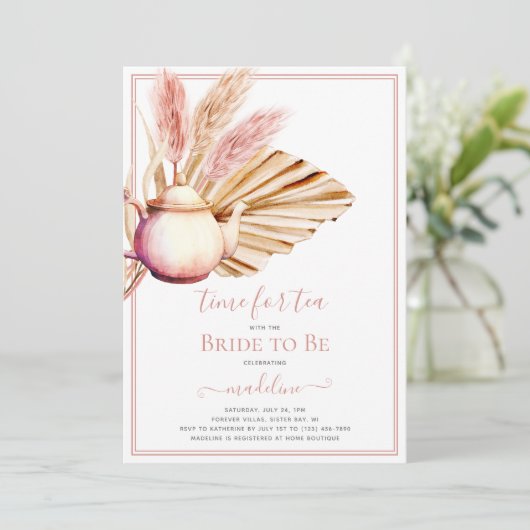 Boho Pampas Grass Tee Party Brautparty Einladung (Stehend Vorderseite)