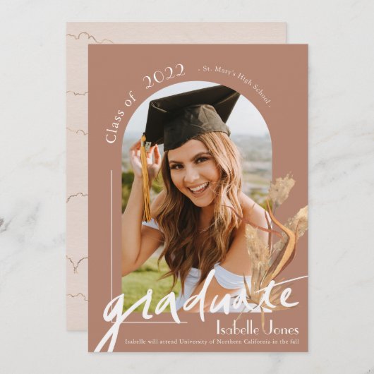 Boho Pampas Grass Terracotta Arch Foto Abschluss Einladung (Vorne/Hinten)