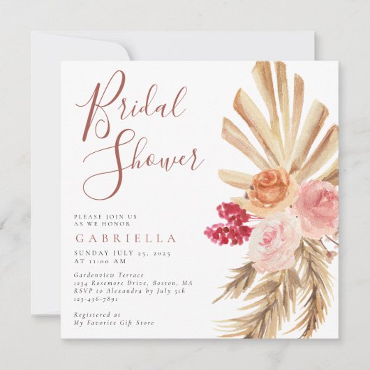 Boho Pampas Grass Terracotta Brautparty Einladung (Vorderseite)