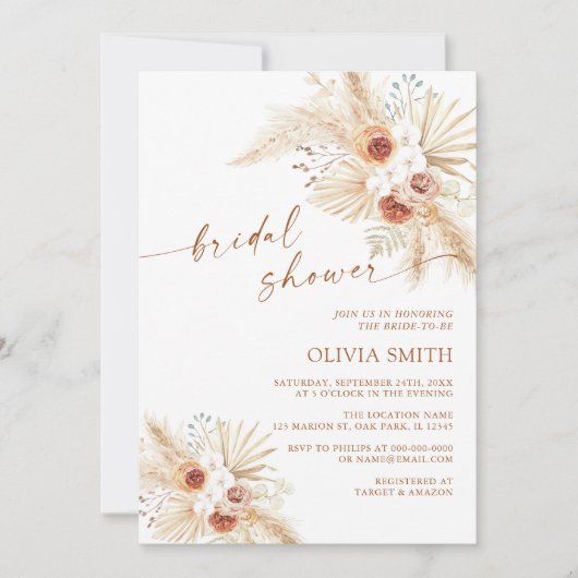 Boho Pampas Grass Terracotta Brautparty Einladung (Vorderseite)