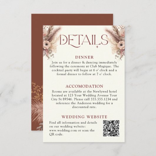 Boho Pampas Grass Terracotta Hochzeit Details Begleitkarte (Vorne/Hinten)