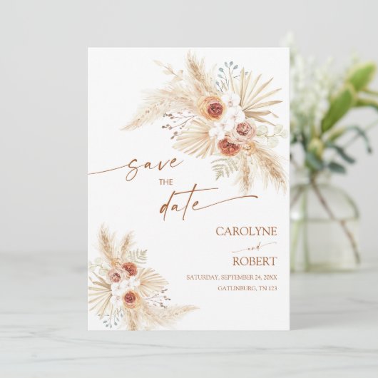 Boho Pampas Grass Terracotta Save the Date Einladung (Stehend Vorderseite)