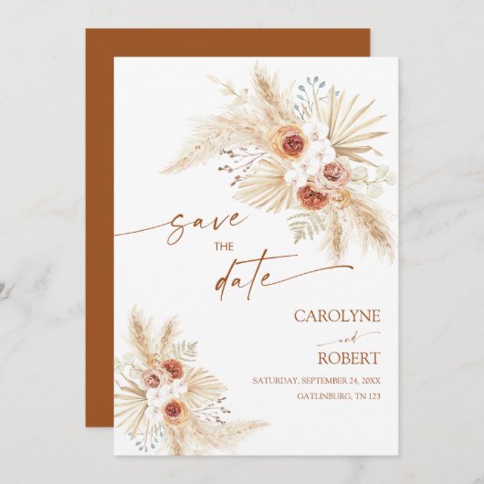Boho Pampas Grass Terracotta Save the Date Einladung (Vorne/Hinten)