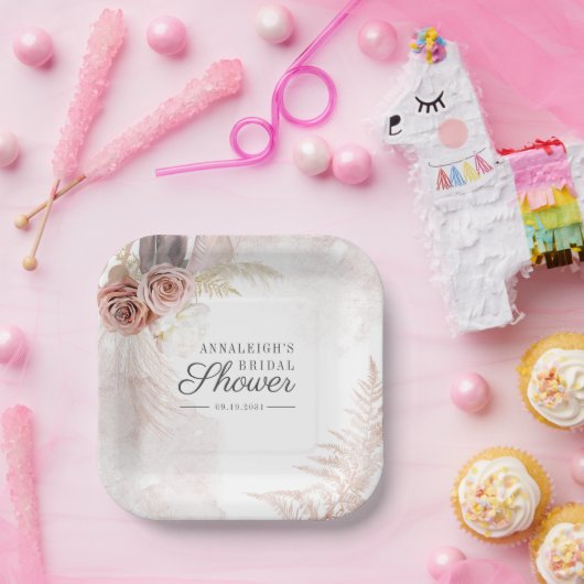 Boho Pampas Grass Terracotta Script Brautparty Pappteller (Party)