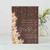 Boho Pampas Grass Twinkle Lights Wood Wedding Einladung (Stehend Vorderseite)