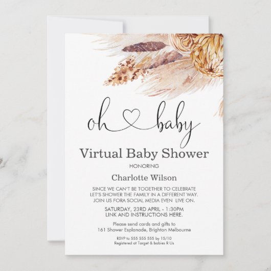 Boho Pampas Grass Virtual Baby Dusche Einladung (Vorderseite)
