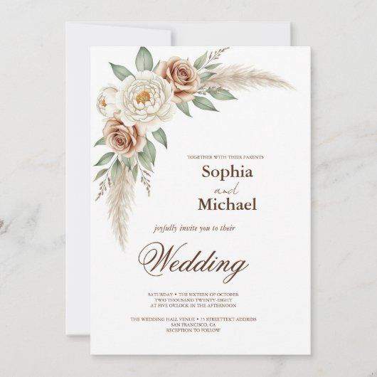 Boho Pampas Grass Watercolor Floral Wedding Invita Einladung (Vorderseite)