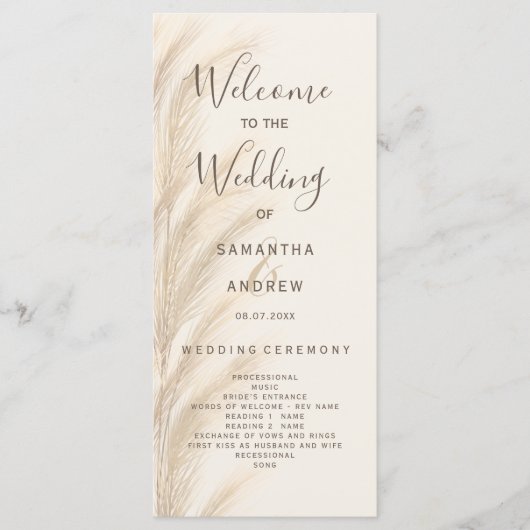 Boho pampas grass watercolor wedding program programm (Vorderseite)