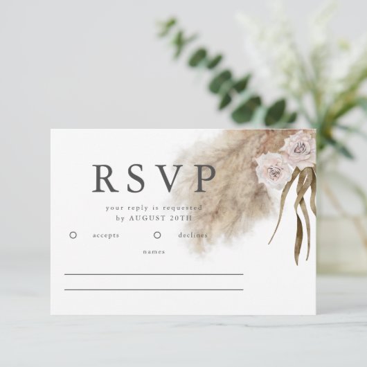 Boho Pampas Grass Watercolor Wedding RSVP (Stehend Vorderseite)