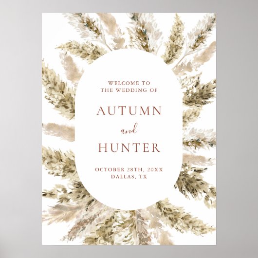 Boho Pampas Grass Wedding Begrüßungszeichen Poster (Vorne)