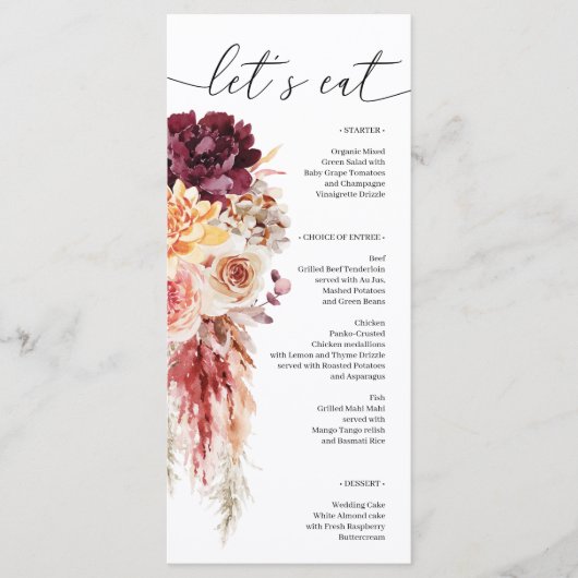 Boho Pampas Grass Wedding Brautparty Menu Menükarte (Vorderseite)