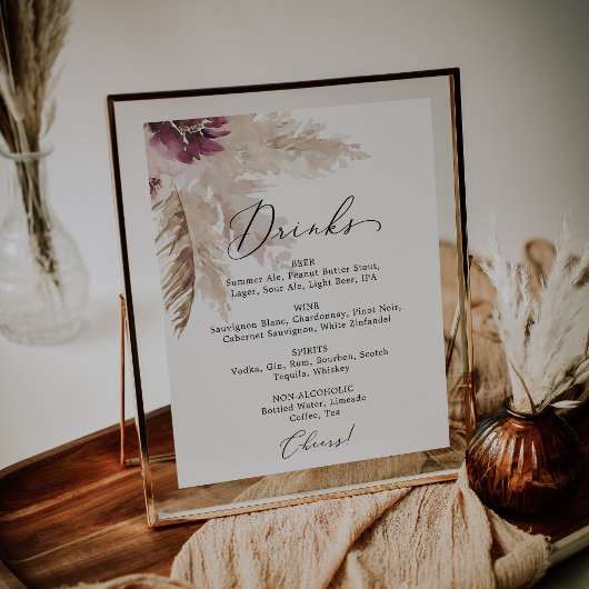 Boho Pampas Grass Wedding Drink Menü Signatur Poster